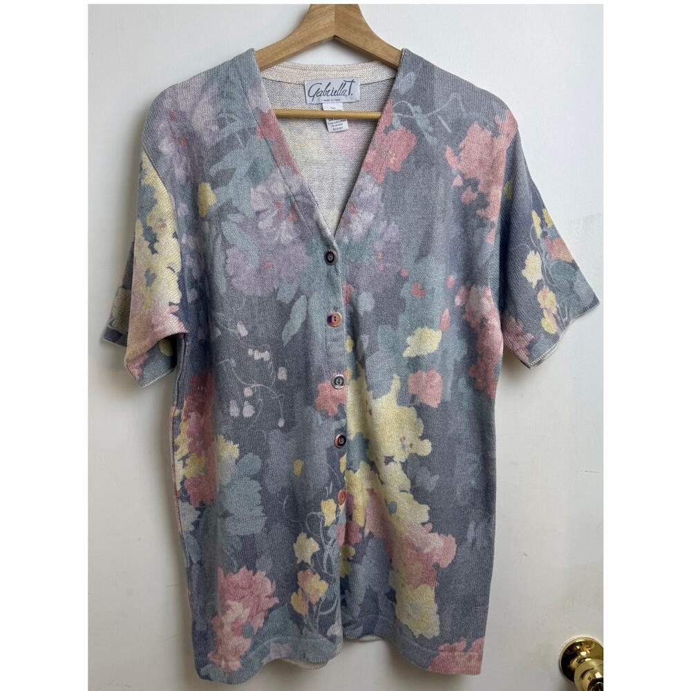 Gabriella T Pastel Floral Linen Blend Cardigan Sweater M Coquette Romantic Soft